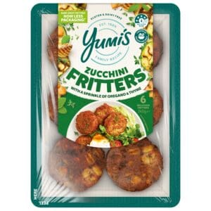 Yumi's Zucchini Fritters package, gluten-free, 260g, oregano & thyme, 4-star health rating.