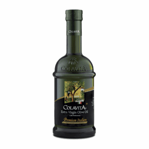 Colavita Extra Virgin Olive Oil bottle with olive trees on label, premium Italian product.