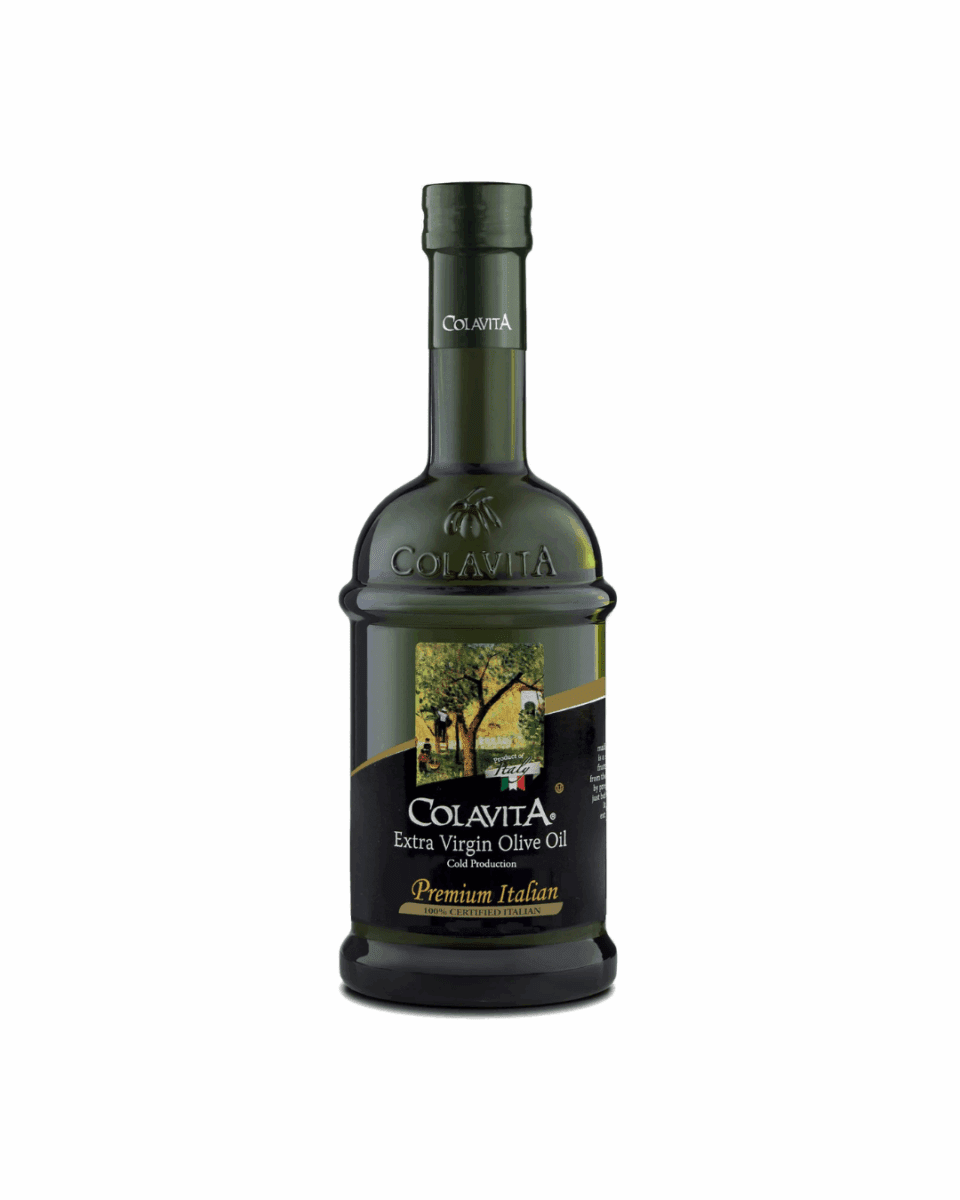 Colavita Extra Virgin Olive Oil bottle with olive trees on label, premium Italian product.