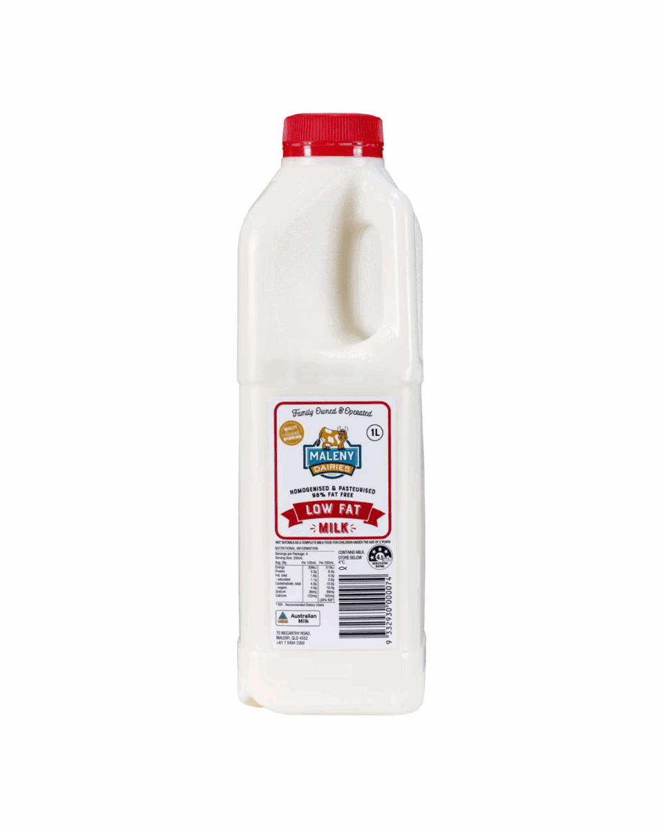 One-liter low-fat milk bottle with red cap, cow label, brand name, nutritional info.
