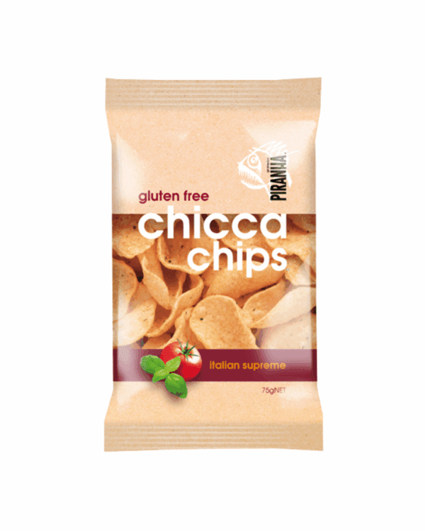 PIRANHA CHICCA ITALIAN SUPREME CHIPS GLUTEN FREE Bag of gluten-free "Piranha Chicca Chips," Italian Supreme flavor, 75g, with tomato and basil.