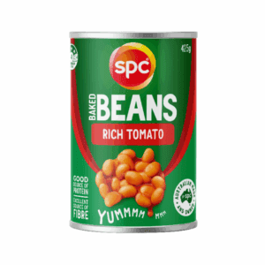 SPC Baked Beans Rich Tomato flavor can, green label, 425g, protein, fiber, Australian made.