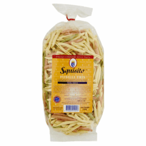 Multicolored Squisito Fusilli Tris pasta, 500g, in clear packaging with label details.