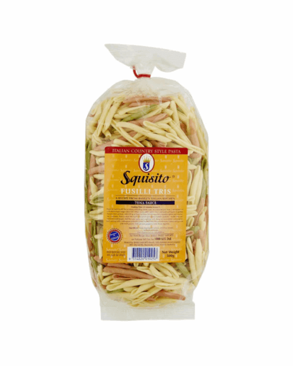 Multicolored Squisito Fusilli Tris pasta, 500g, in clear packaging with label details.