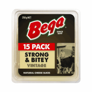 Bega cheese 15-pack, Strong & Bitey vintage, 250g, with logo and farmer image.