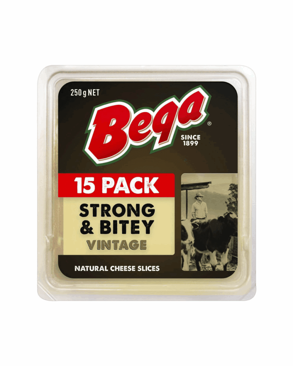 Bega cheese 15-pack, Strong & Bitey vintage, 250g, with logo and farmer image.