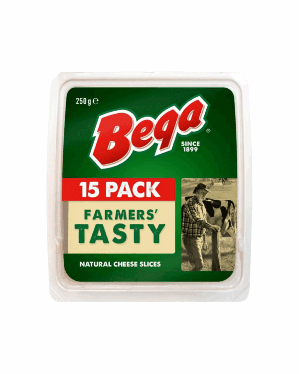 Bega Farmers' Tasty natural cheese slices, 250g, 15 slices, farmer and cow image on lid.