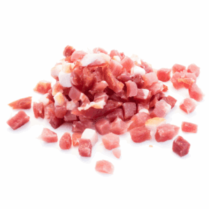 Small diced bacon pieces, uncooked, showing pink meat and white fat on a white background.