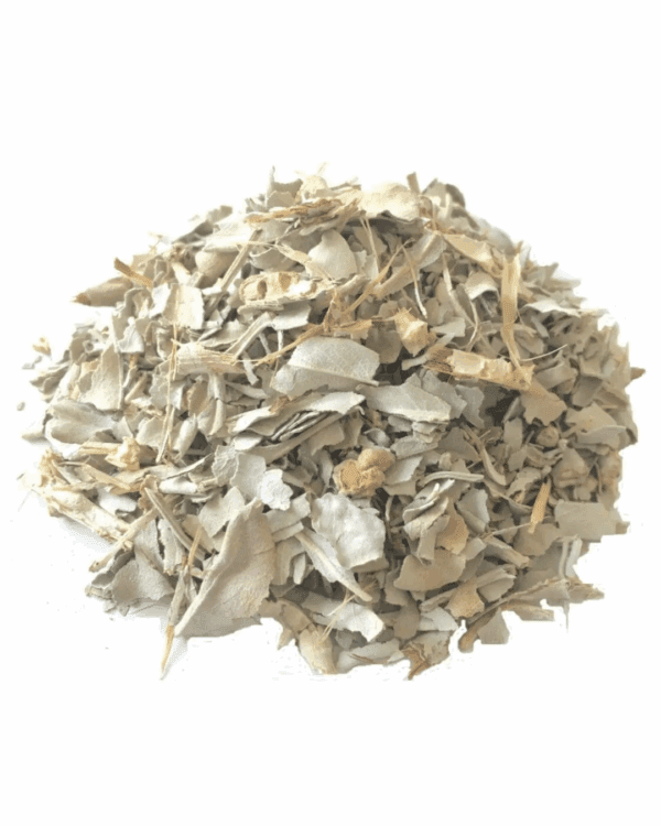 Pile of muted green, dried eucalyptus leaves and stems for herbal use.