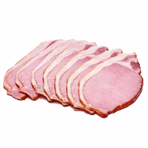 Slices of cooked ham arranged in a fanned-out pattern on a white surface.