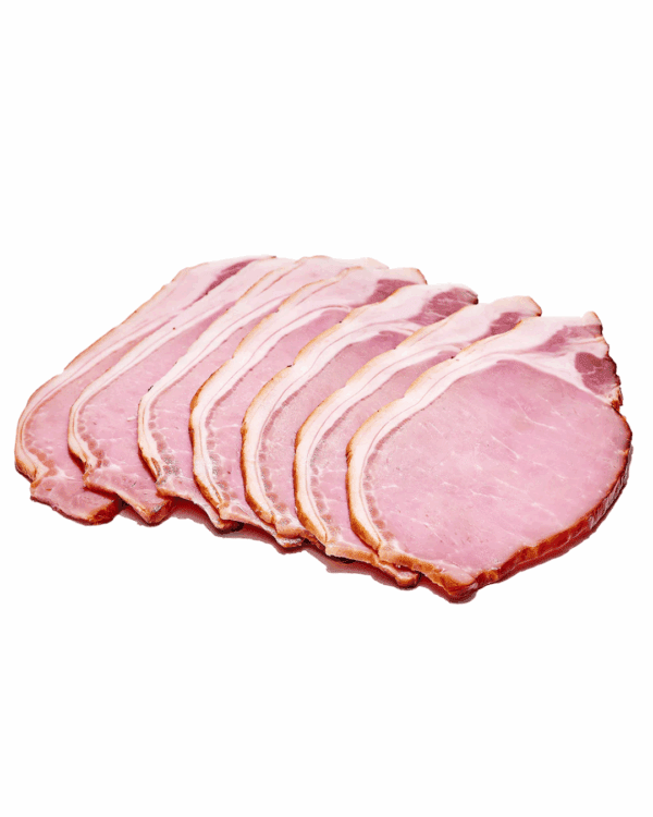 Slices of cooked ham arranged in a fanned-out pattern on a white surface.