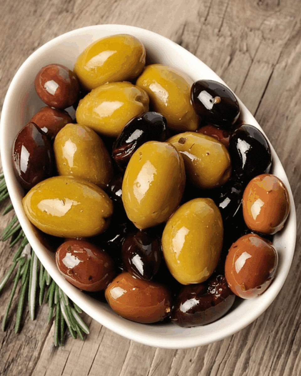 Bowl of assorted olives in green, brown, black with rosemary on wooden surface.