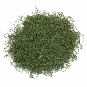A pile of finely chopped dried dill leaves on a white background.