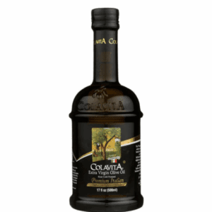 Dark green Colavita Extra Virgin Olive Oil bottle, 1L, certified authentic, cholesterol-free.