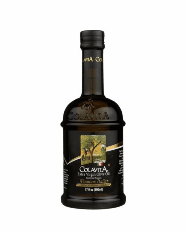 COLAVITA EXTRA VIRGIN OLIVE OIL PREMIUM SELECTION Dark green Colavita Extra Virgin Olive Oil bottle, 1L, certified authentic, cholesterol-free.