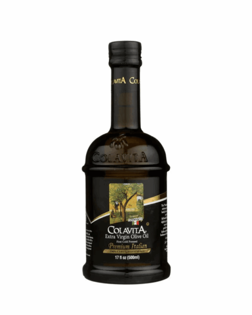 Dark green Colavita Extra Virgin Olive Oil bottle, 1L, certified authentic, cholesterol-free.