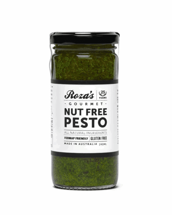 ROZAS PESTO NUT FREE Jar of Roza's Nut Free Pesto, 240ml, FODMAP friendly, gluten free, made in Australia.