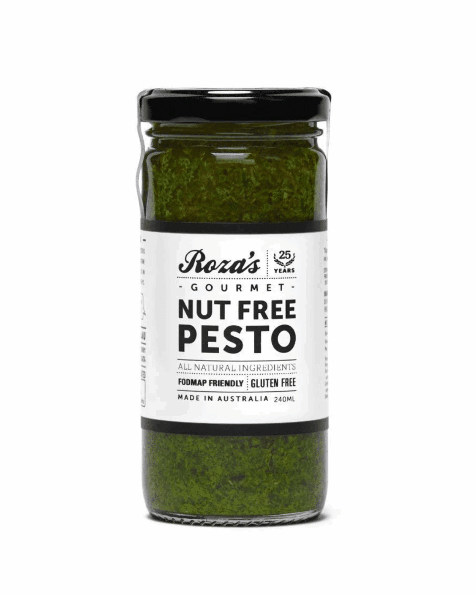 Jar of Roza's Nut Free Pesto, 240ml, FODMAP friendly, gluten free, made in Australia.