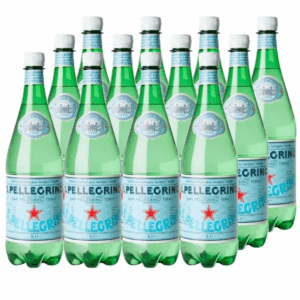 Twelve 1-liter green S. Pellegrino sparkling water bottles in rows with red star logos.