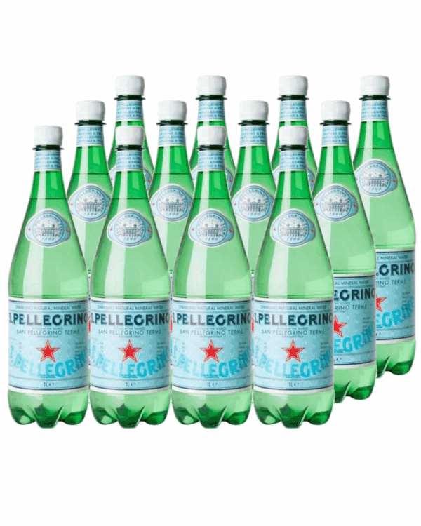 SANPELLEGRINO MINERAL WATER 1 LITRE CTN Twelve 1-liter green S. Pellegrino sparkling water bottles in rows with red star logos.