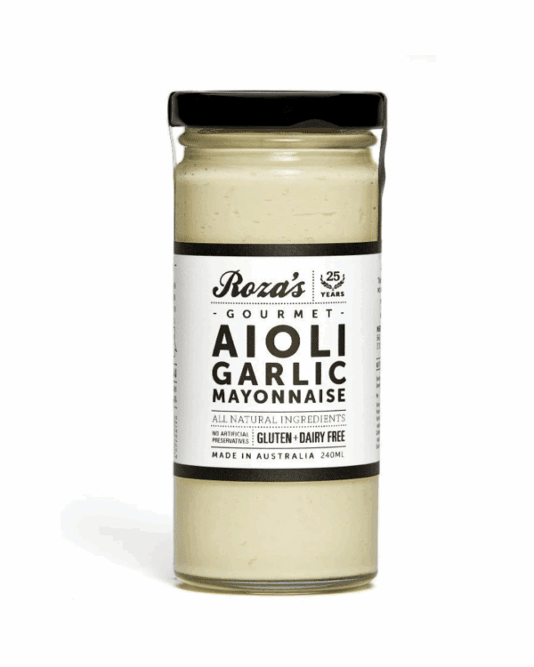 ROZAS AIOLI (GARLIC MAYO) Glass jar of Roza's Gourmet Aioli Garlic Mayonnaise, 240ml, gluten and dairy free.