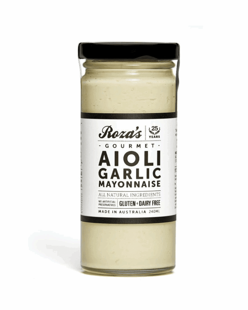 Glass jar of Roza's Gourmet Aioli Garlic Mayonnaise, 240ml, gluten and dairy free.