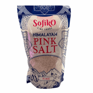 Sofiko Fine Foods Himalayan Pink Salt package, blue and white with mountain design.