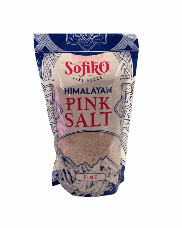 SOFIKO HIMALAYAN PINK SALT FINE Sofiko Fine Foods Himalayan Pink Salt package, blue and white with mountain design.