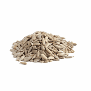 Pile of shelled sunflower seeds on a plain white background.