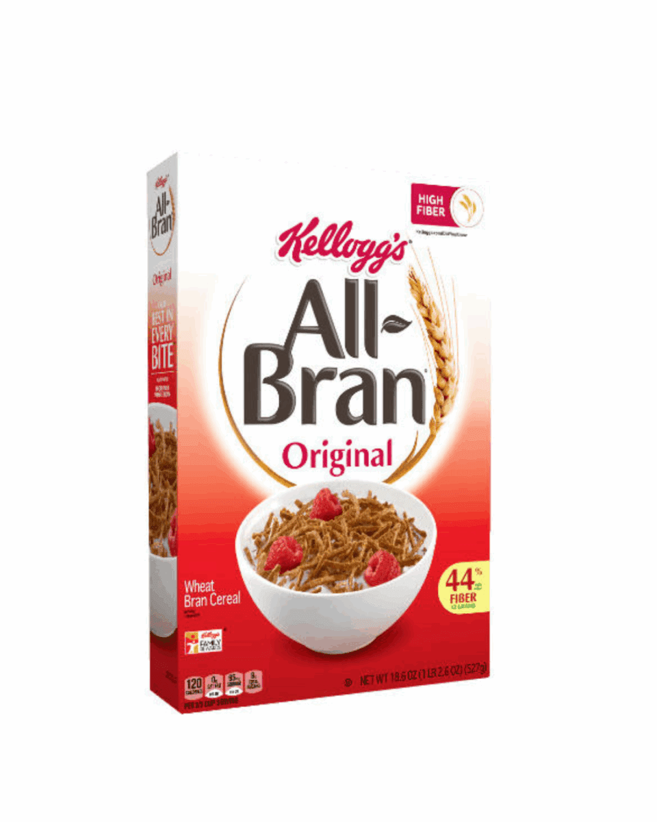 Kellogg's All-Bran Original cereal box, 350g, high fiber, 44% daily fiber needs.