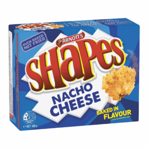 Box of Arnott’s Shapes Nacho Cheese flavor, 160g, baked, 2.5 health stars.