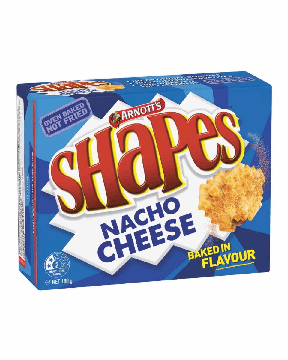 Box of Arnott’s Shapes Nacho Cheese flavor, 160g, baked, 2.5 health stars.