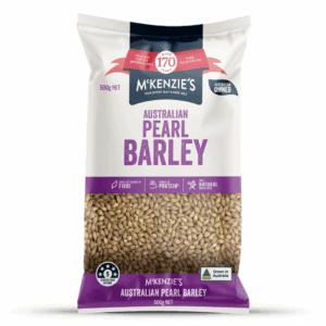 McKenzie's Pearl Barley package, purple, 500g, with visible grains and quality checkmark.