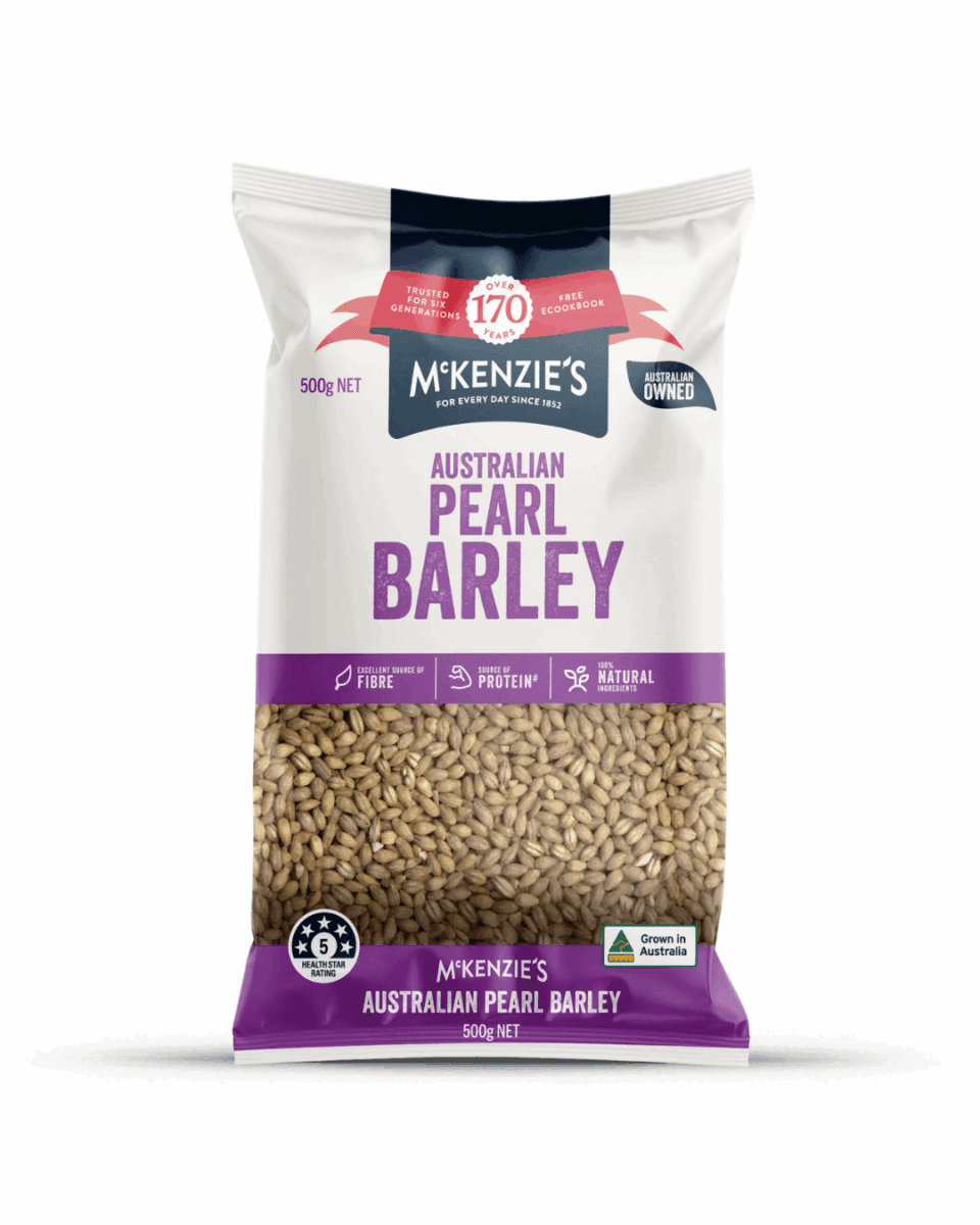 McKenzie's Pearl Barley package, purple, 500g, with visible grains and quality checkmark.