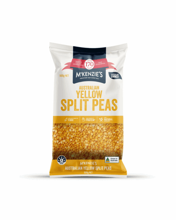 Package of McKenzie's 500g yellow split peas for soups and curries.