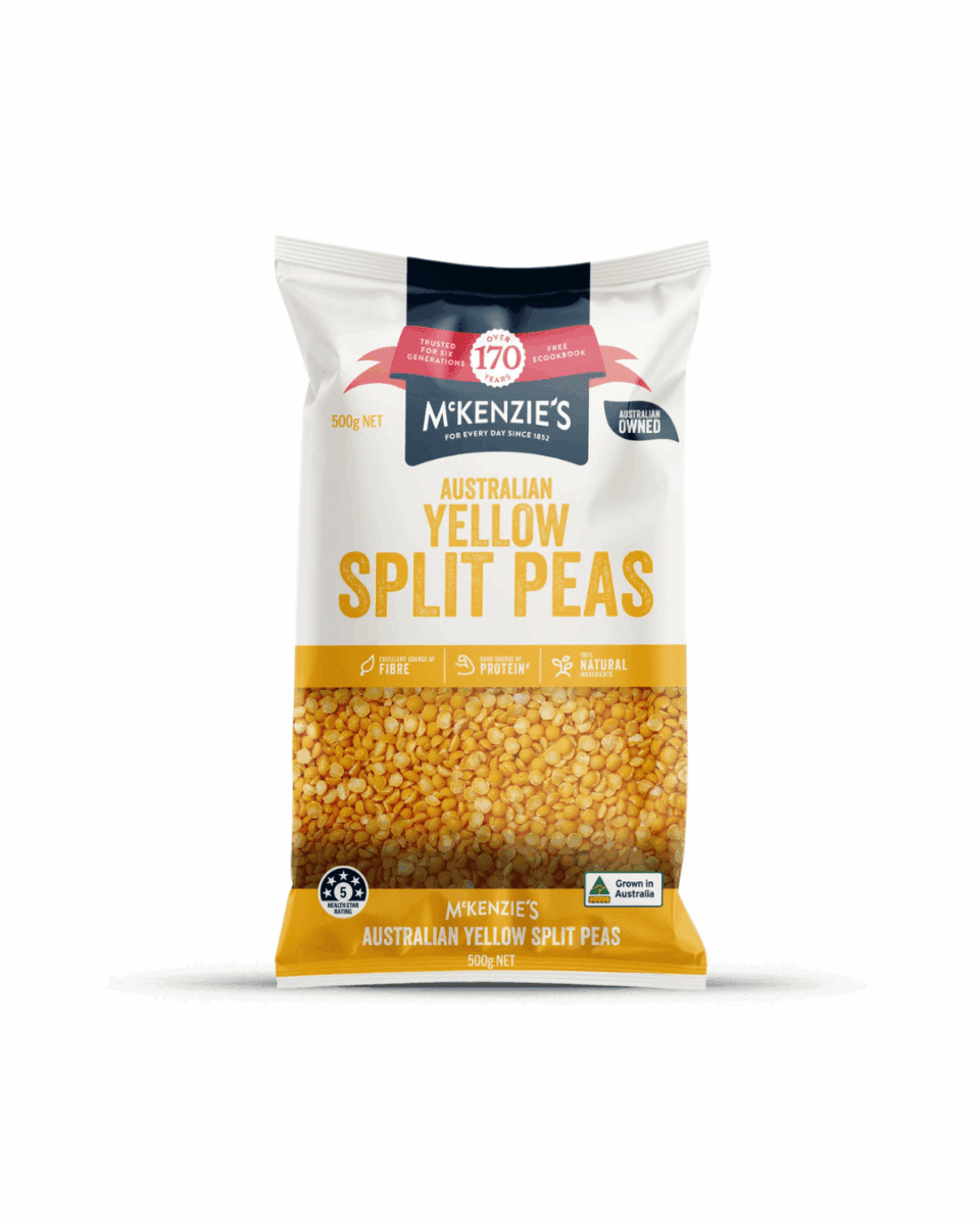 Package of McKenzie's 500g yellow split peas for soups and curries.