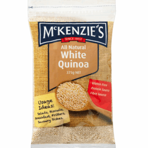 McKenzie's gluten-free white quinoa, 375g, for salads, breakfast, savory dishes, protein, fiber.