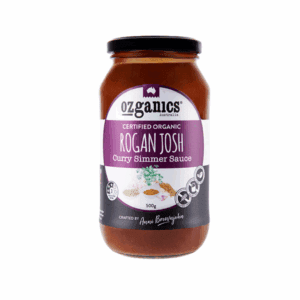 Jar of Ozganics Certified Organic Roghan Josh Curry Sauce, 500g, with spice images.