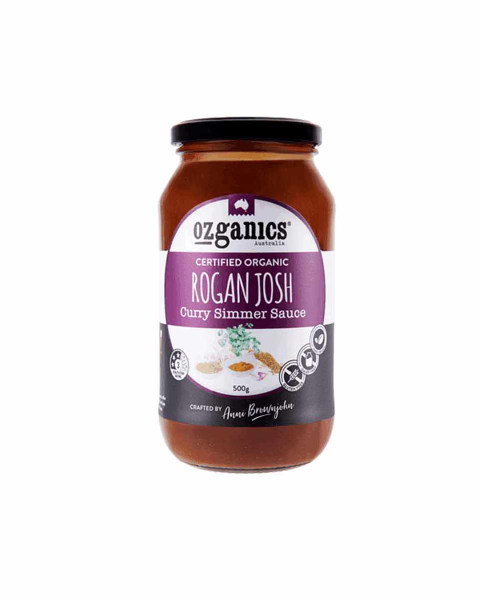 Jar of Ozganics Certified Organic Roghan Josh Curry Sauce, 500g, with spice images.