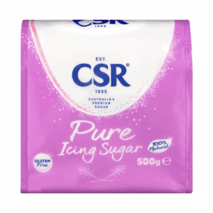 CSR Pure Icing Sugar 500g package, pink and blue, cake illustration, gluten-free label.