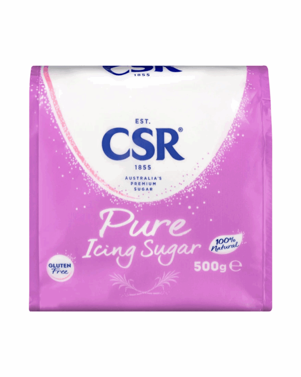 CSR Pure Icing Sugar 500g package, pink and blue, cake illustration, gluten-free label.