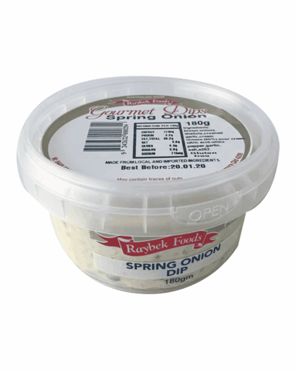 RAYBEK SPRING ONION Raybek Foods 180g Spring Onion Dip, labeled "Australian Made",