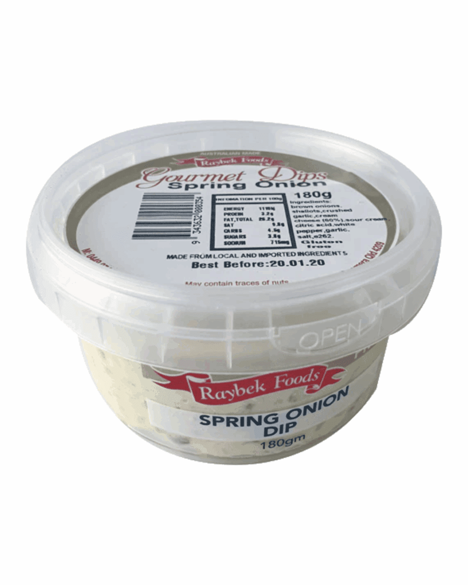 Raybek Foods 180g Spring Onion Dip, labeled "Australian Made",