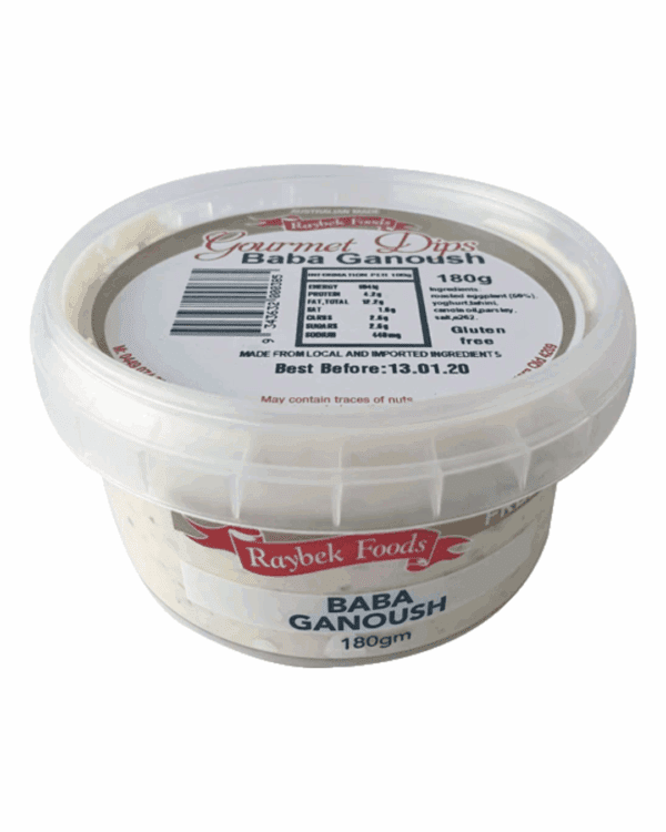 RAYBEK BABA GANOUSH Plastic container of 180g baba ganoush from Raybek Foods, labeled gluten-free,