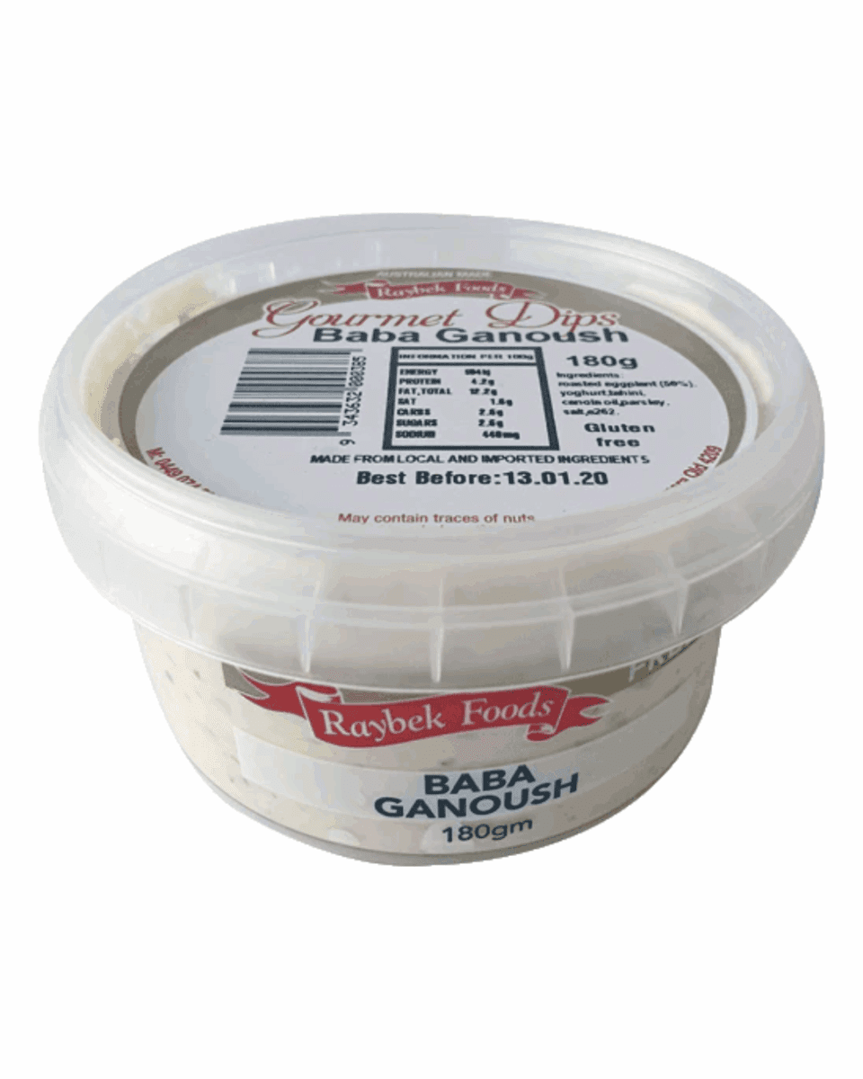 Plastic container of 180g baba ganoush from Raybek Foods, labeled gluten-free,