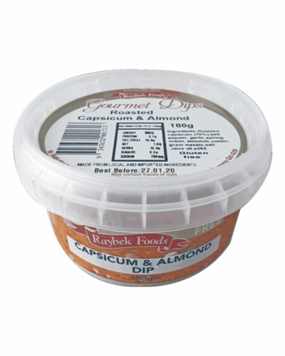 Plastic container of Raybek Foods 180g roasted capsicum and almond dip, gluten-free, Australia.