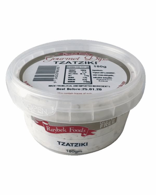 RAYBEK TZATZIKI DIP Raybek Foods Tzatziki, 180g container, labeled with nutritional info
