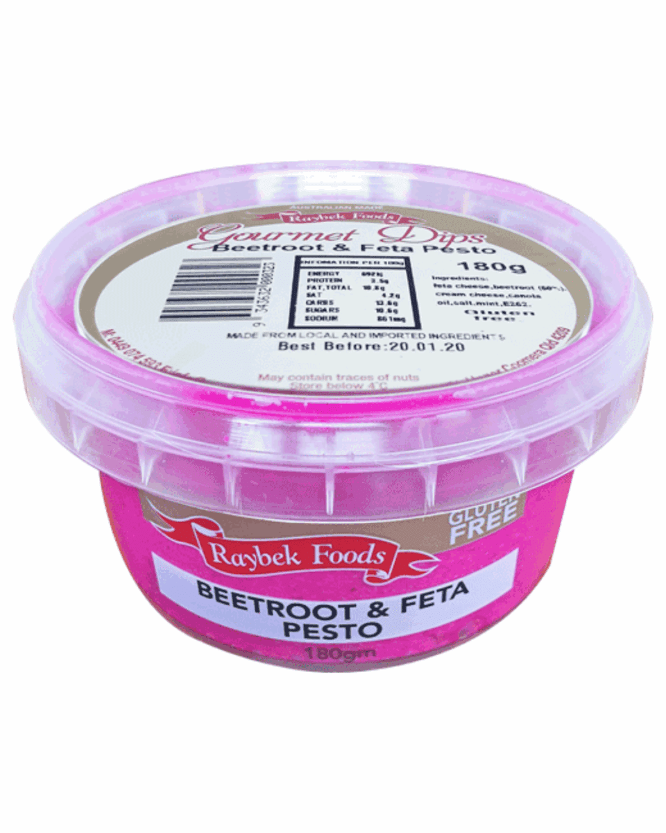 Plastic container of Raybek Foods Beetroot & Feta Pesto dip, 180g, gluten-free, Australian-made.
