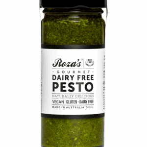 Jar of dairy-free pesto, Roza's Gourmet, vegan, gluten-free, 240ml, made in Australia.