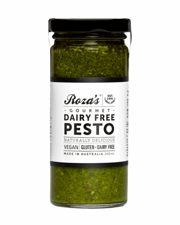 ROZAS PESTO DAIRY FREE Jar of dairy-free pesto, Roza's Gourmet, vegan, gluten-free, 240ml, made in Australia.